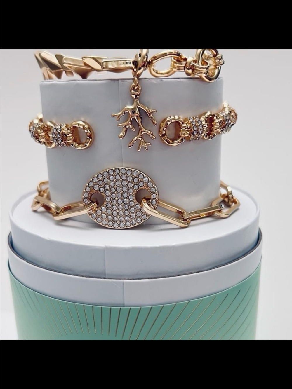 Gold Crystal Link and Charm Bracelet Set
